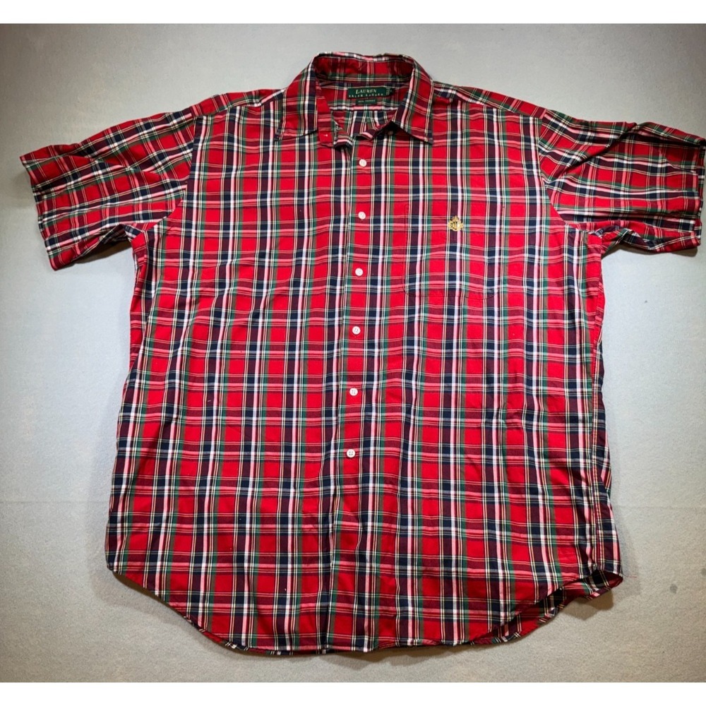 Men's size L button up shirt LAUREN Ralph Lauren Plaid Red short sleeve Cotton